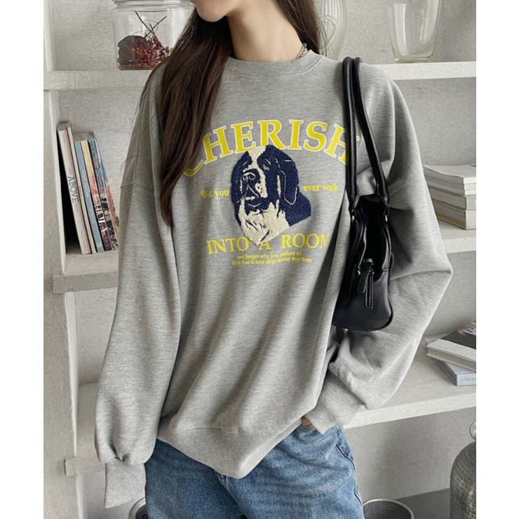 Eclat one】サガラ刺繍 ドッグ カレッジロゴデザイン 裏毛スウェット