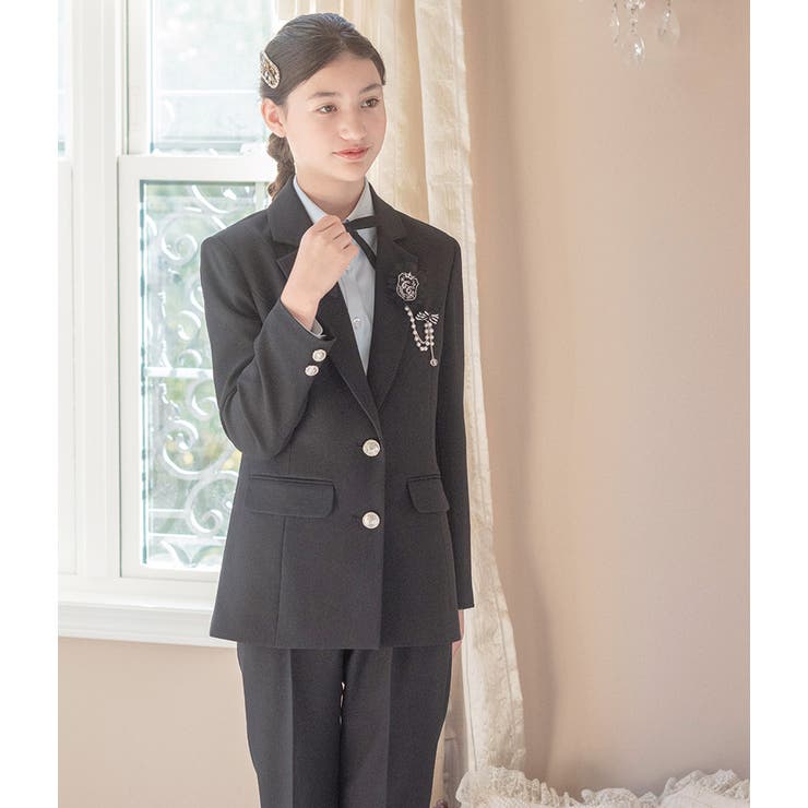 卒業式 女の子 ハンサムブラックロングパンツスーツセット[品番