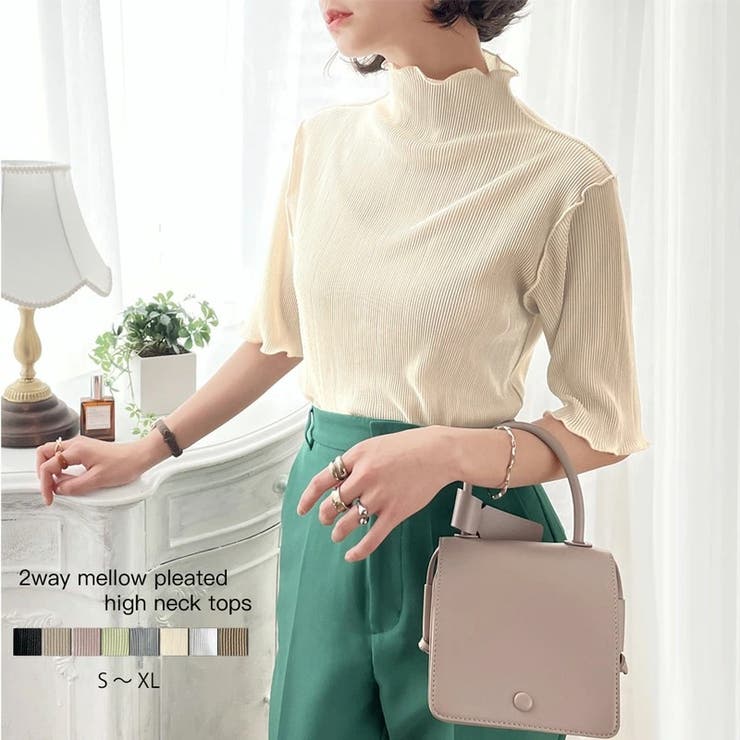 プリーツLOVER。2wayメロープリーツハイネック5分袖トップス[品番