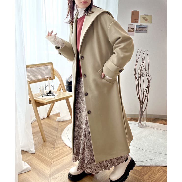 360度レディムード。ニットモッサセーラーカラーロングコート[品番