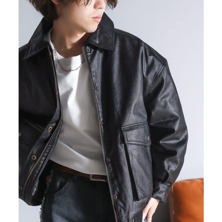 JaVaジャバ コラボ》フェイクレザーブルゾンポケット付き長袖[品番
