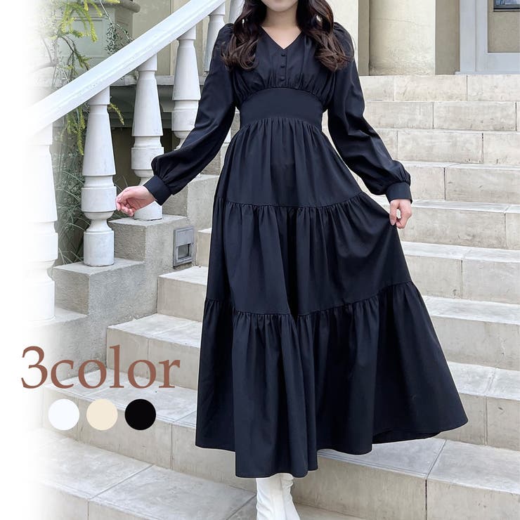 Vネックティアードワンピース[品番：AMTW0005434]｜JUNOAH（ジュノア