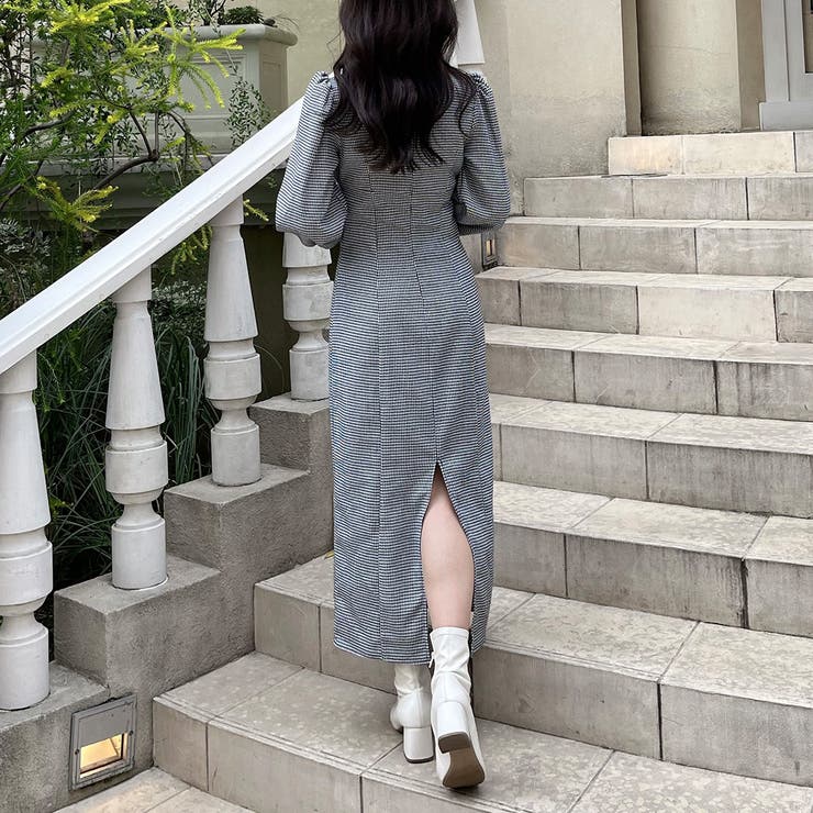 フロントオープンチェック柄タイトワンピース[品番：AMTW0004655