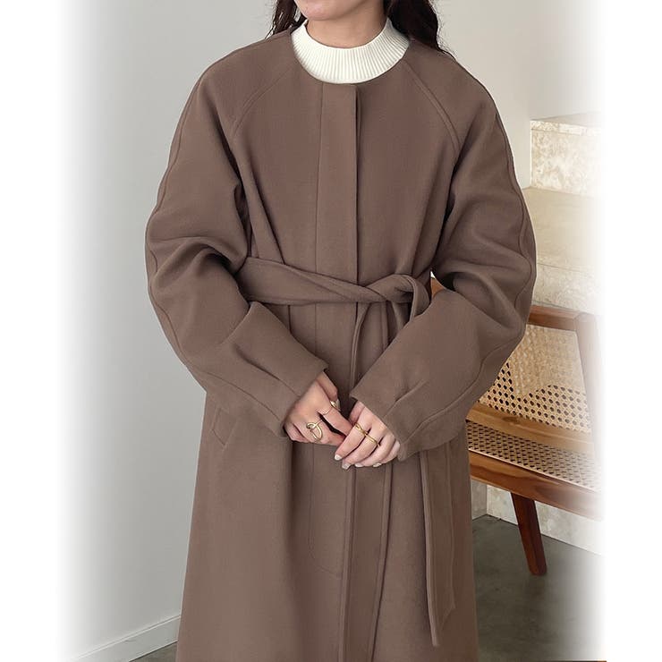 ノーカラーベルト付きコート[品番：AMTW0009817]｜JUNOAH（ジュノア