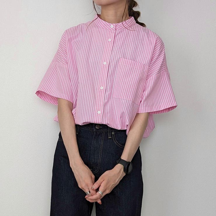 半袖バンドカラーストライプオーバーシャツ[品番：AMTW0010796