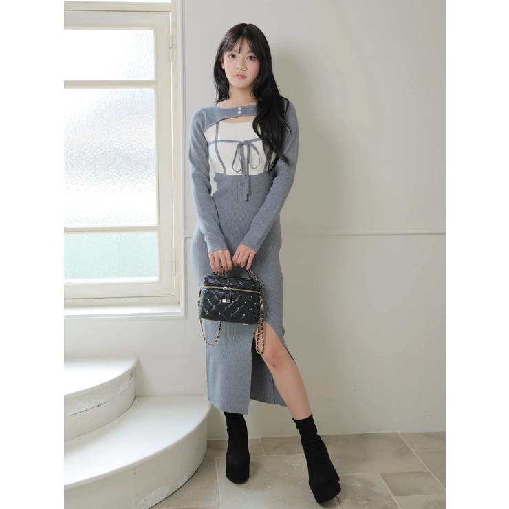 デコルテオープンバイカラーリボンニットワンピース[品番：LINW0002729