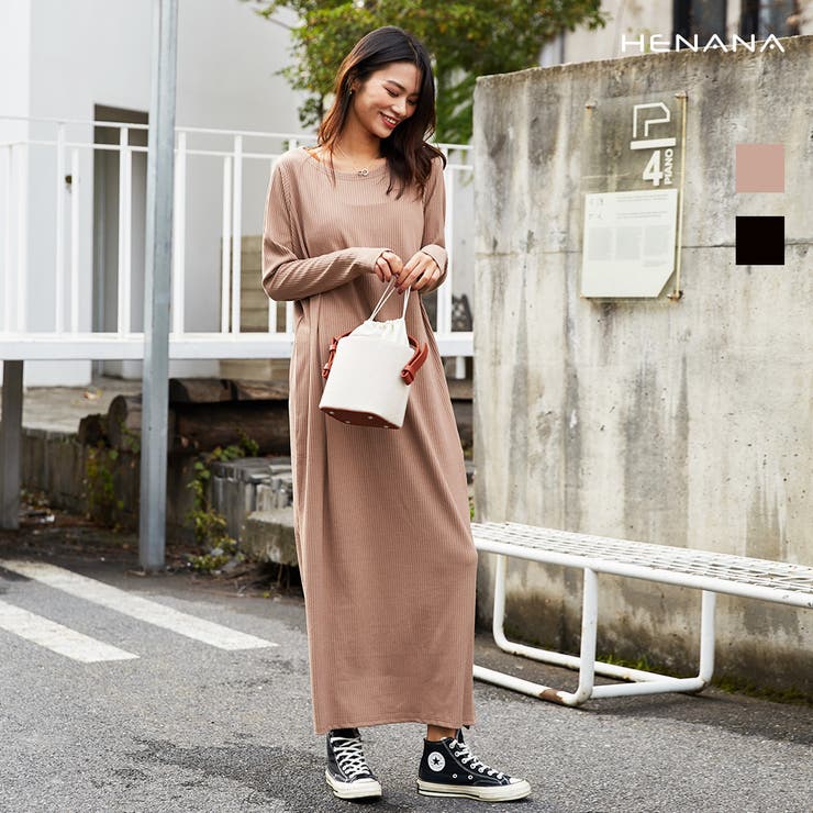 サイドボタンリブロングワンピース リブロングワンピース 長袖[品番