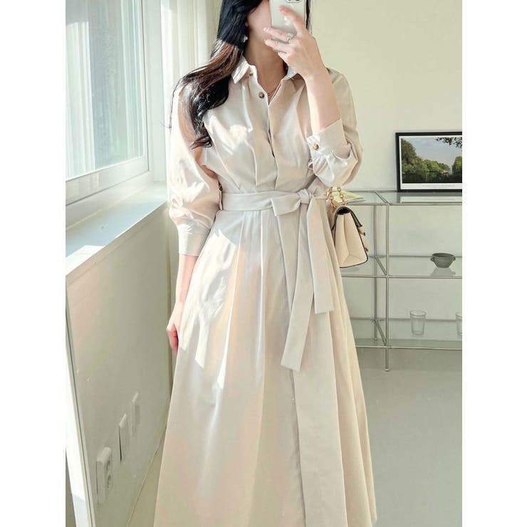 秋トレンチベルトロングワンピース 全4色 シャツ風[品番：KH000012756