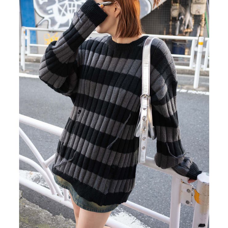 ボーダーワイドリブダメージニット[品番：WG010093081]｜WEGO【WOMEN
