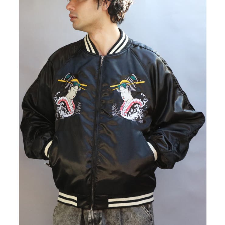 スカジャン メンズ ジャケット 歌舞伎 サテン 刺繍 アウター [品番