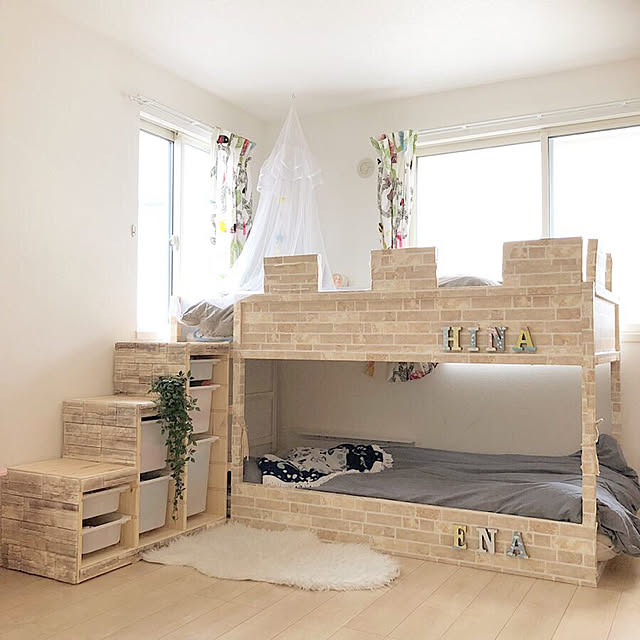 ベッド周り/二段ベッド/IKEA/パイン材/アクセントクロスなどの