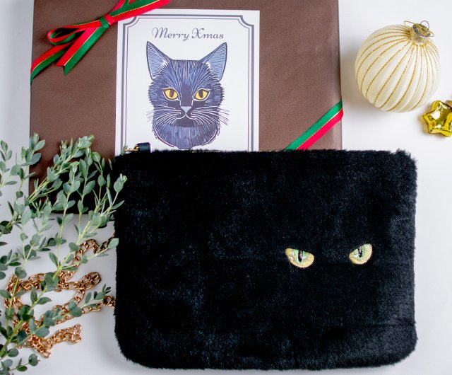 クリスマスラッピング付き 黒猫ショルダーバッグ 猫の目刺繍 フェイク