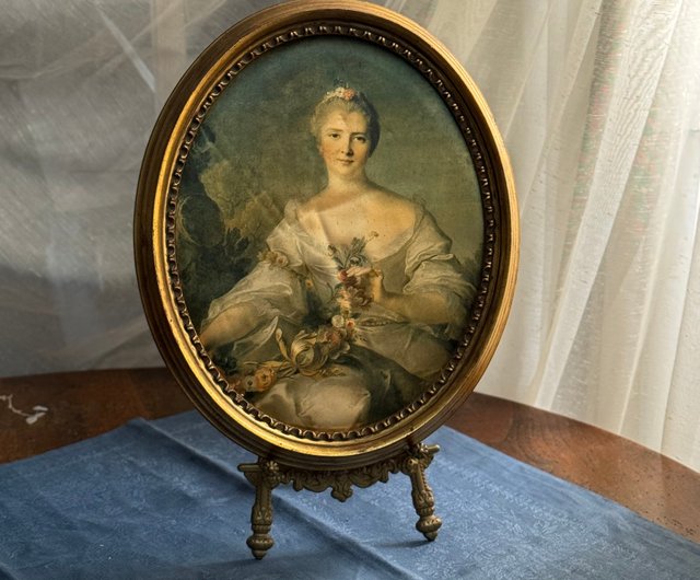 台湾 * 50828-フランスアンティーク シルクロココ貴婦人肖像画 金箔