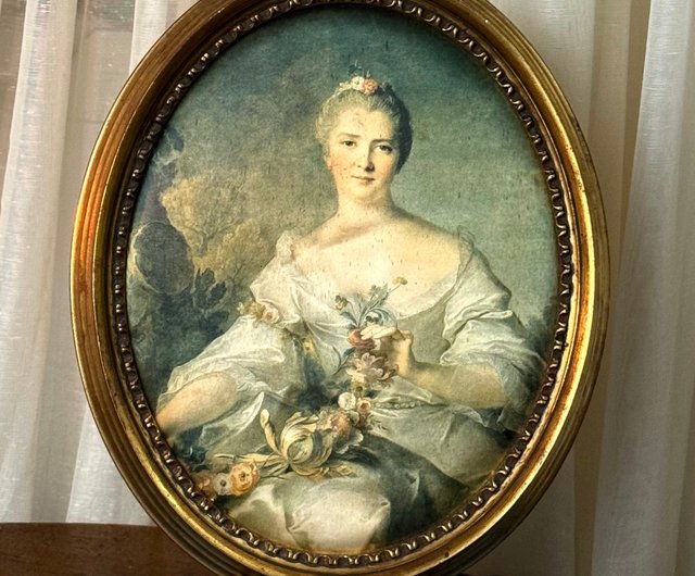 台湾 * 50828-フランスアンティーク シルクロココ貴婦人肖像画 金箔