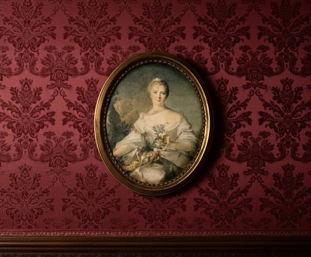 台湾 * 50828-フランスアンティーク シルクロココ貴婦人肖像画 金箔