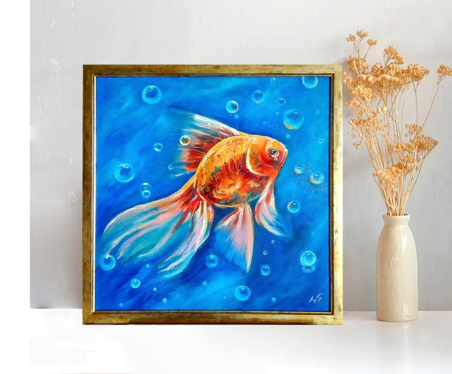 10%OFF】ロシア 金魚のオリジナル油絵、水中壁アート、額入りアート