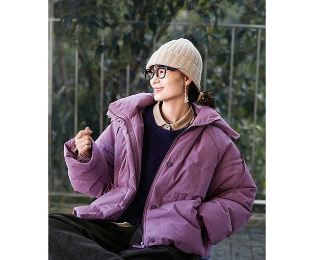 ラベンダーパープルの素朴で暖かいスタンドカラーダウンジャケット