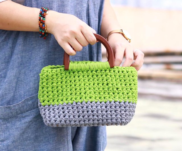 香港 木製のポータブル四角かぎ針編みバッグ-グリーングレー zik²