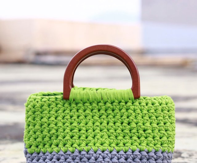 香港 木製のポータブル四角かぎ針編みバッグ-グリーングレー zik²