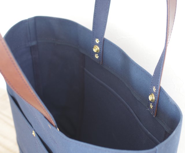 送料無料】レザーハンドル帆布 トートバッグ A4横長 外ポケット