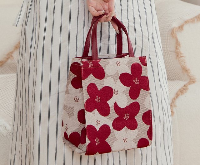 台湾 日本製-尾州織 サンシュユの花咲くランチトートバッグ-赤 Paidal