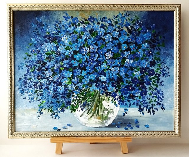 ロシア ワスレナグサの絵: 青い花のユニークな花束。アートワークの壁
