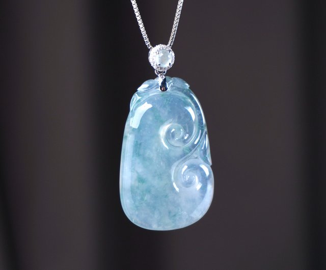 免運6 折】高冰種飄藍花翡翠如意項鍊18K金鑽石| 天然緬甸玉翡翠A貨