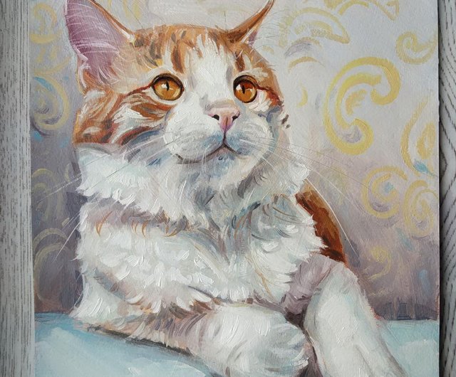 ベラルーシ オリジナル油絵 白と赤のふわふわ猫 印象派 手描き Diven