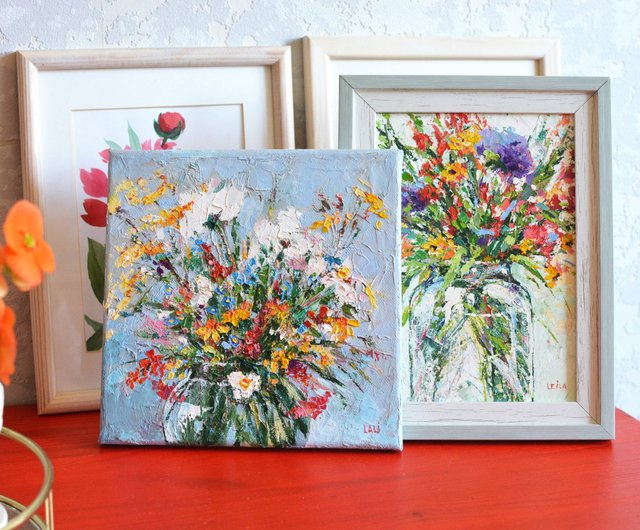 ベラルーシ 草原の花 オリジナル油絵 キャンバス厚塗り 20x20cm モダン