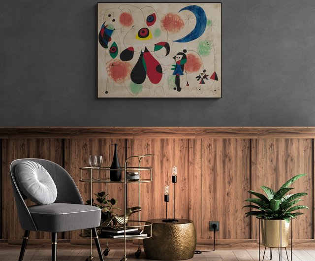 台湾 【美術掛絵画】ジョアン・ミロ ミロ-絵画（女性、月、鳥） LIGHTO