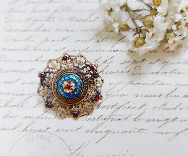 アメリカ合衆国 Emaux Bressans ブルーエナメル アンティークブローチ