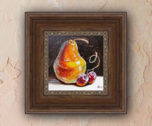 ロシア 明るい梨の絵オリジナル油絵静物画 15 × 15 cm フルーツアート