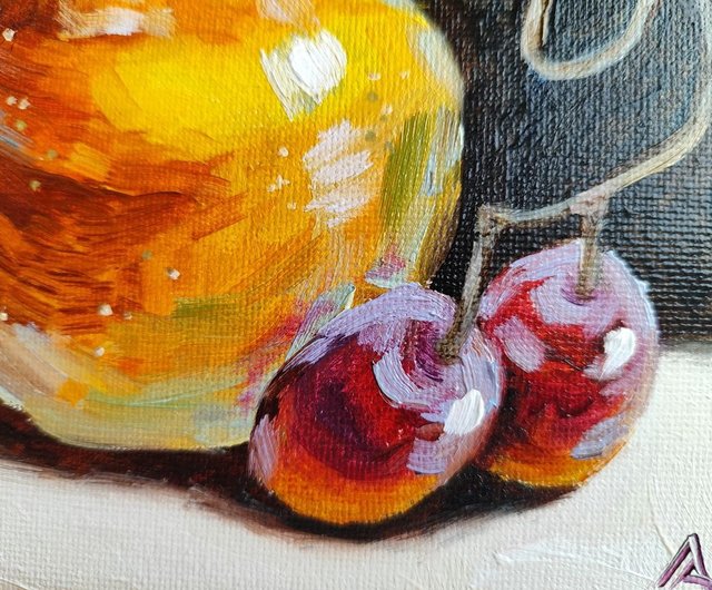 ロシア 明るい梨の絵オリジナル油絵静物画 15 × 15 cm フルーツアート