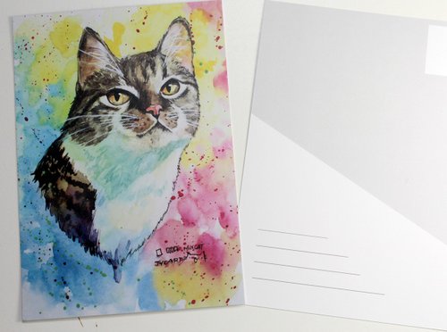 美品 ダイアン・エルソン「キッチン」水彩画 直筆サイン入 額縁入 猫 ねこ