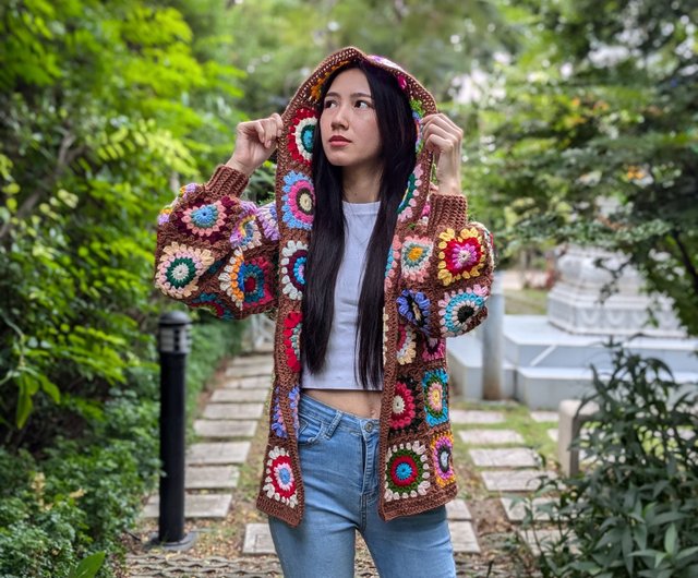 タイ 女性用 グラニースクエア クロシェ編みフード付きカーディガン