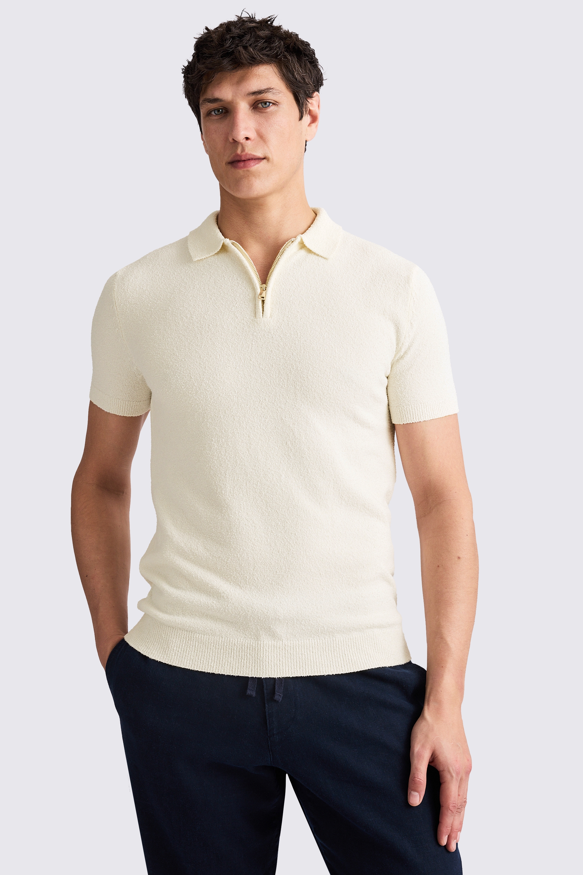 Ecru Bouclé Zip-Neck Polo Shirt | Buy Online at Moss