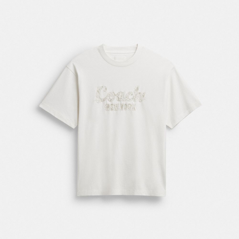 COACH® Outlet | Cursive Coach Embroidered T Shirt In Organic Cotton