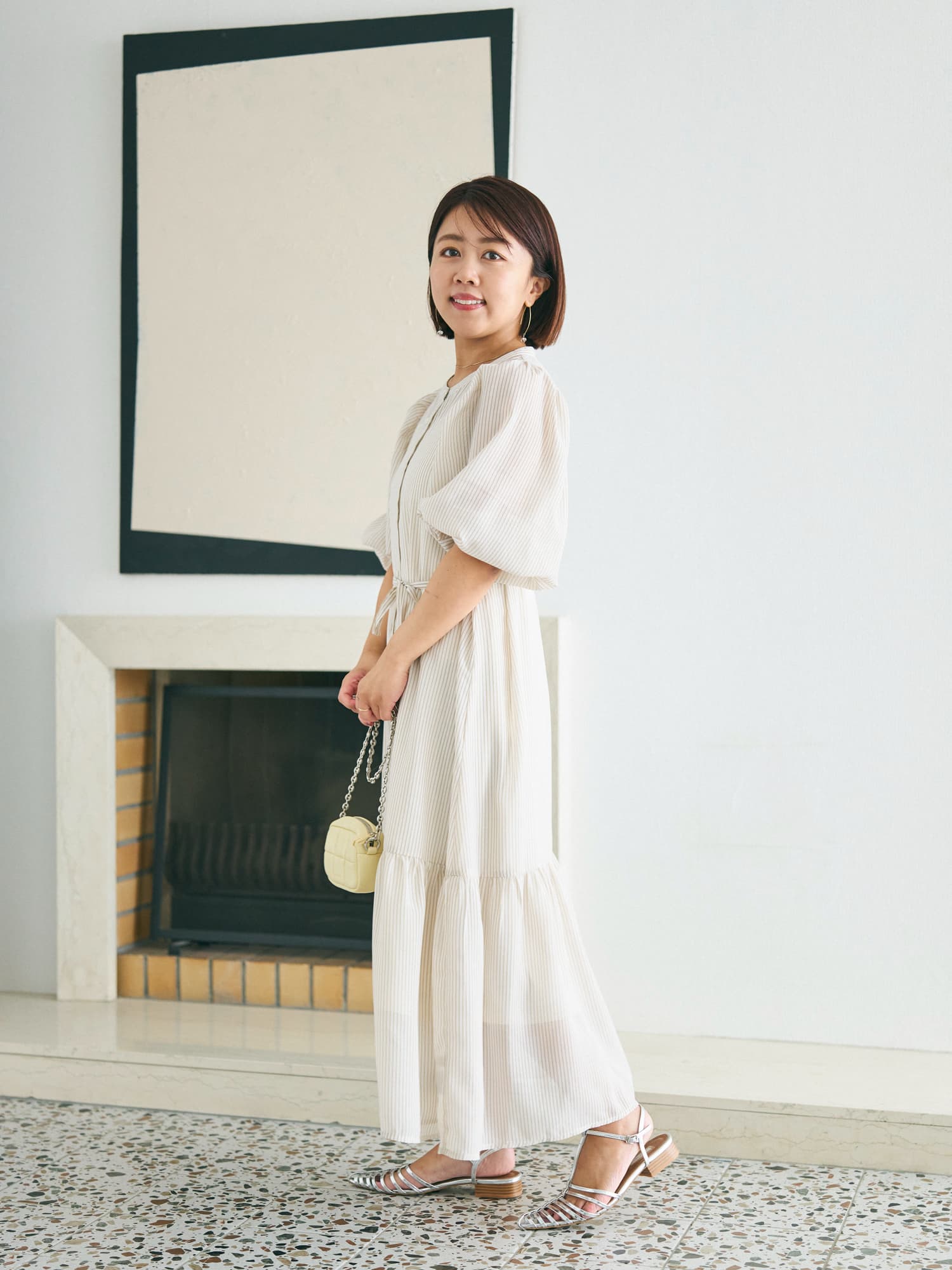 シアーストライプギャザースリーブワンピース-short & regular | 小柄