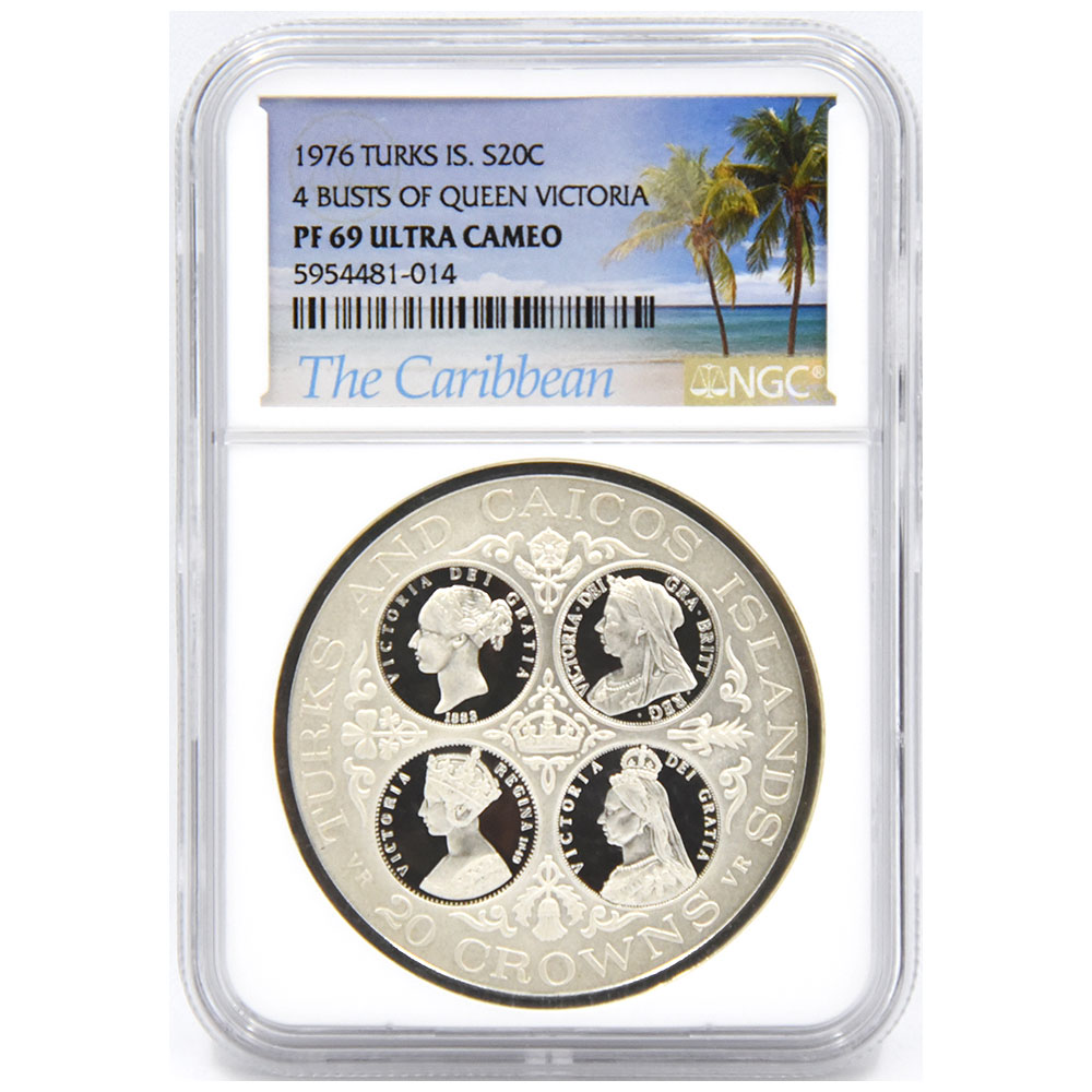 タークス・カイコス諸島 1976 エリザベス2世 20クラウン 銀貨 NGC PF