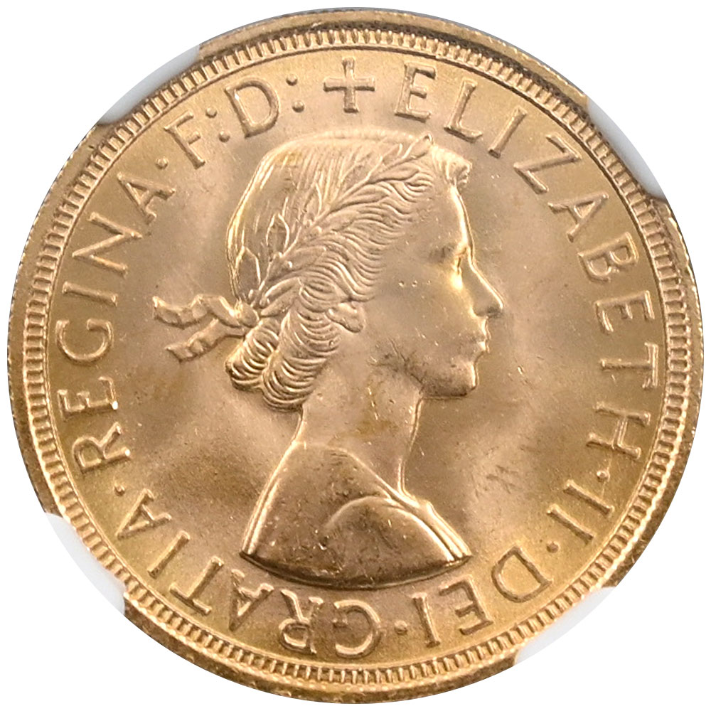 イギリス 1957 エリザベス2世 1ソブリン 金貨 NGC MS64 聖ジョージの竜