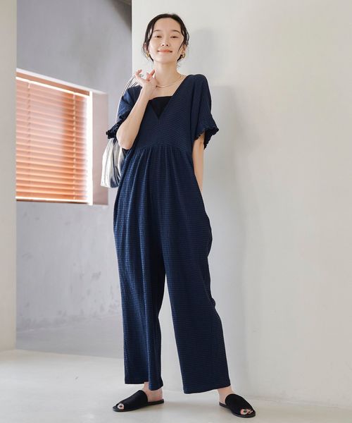 サッカーチェックオールインワンサロペット