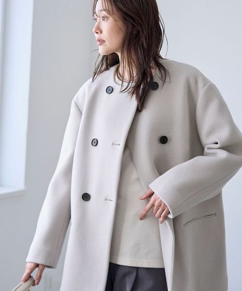 RONEL】ノーカラーウールコート