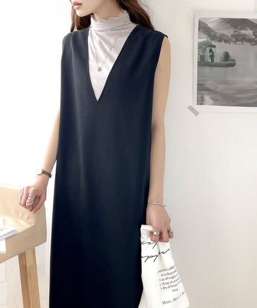 大人のリラクシーStyle。Vネックリネンライクマキシ丈ジャンパー