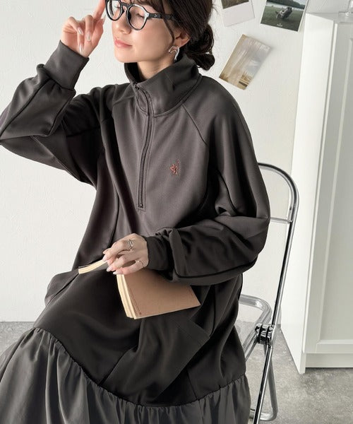 スポーツMIIX!胸元刺繍入り異素材ドッキングハーフジップパイピング