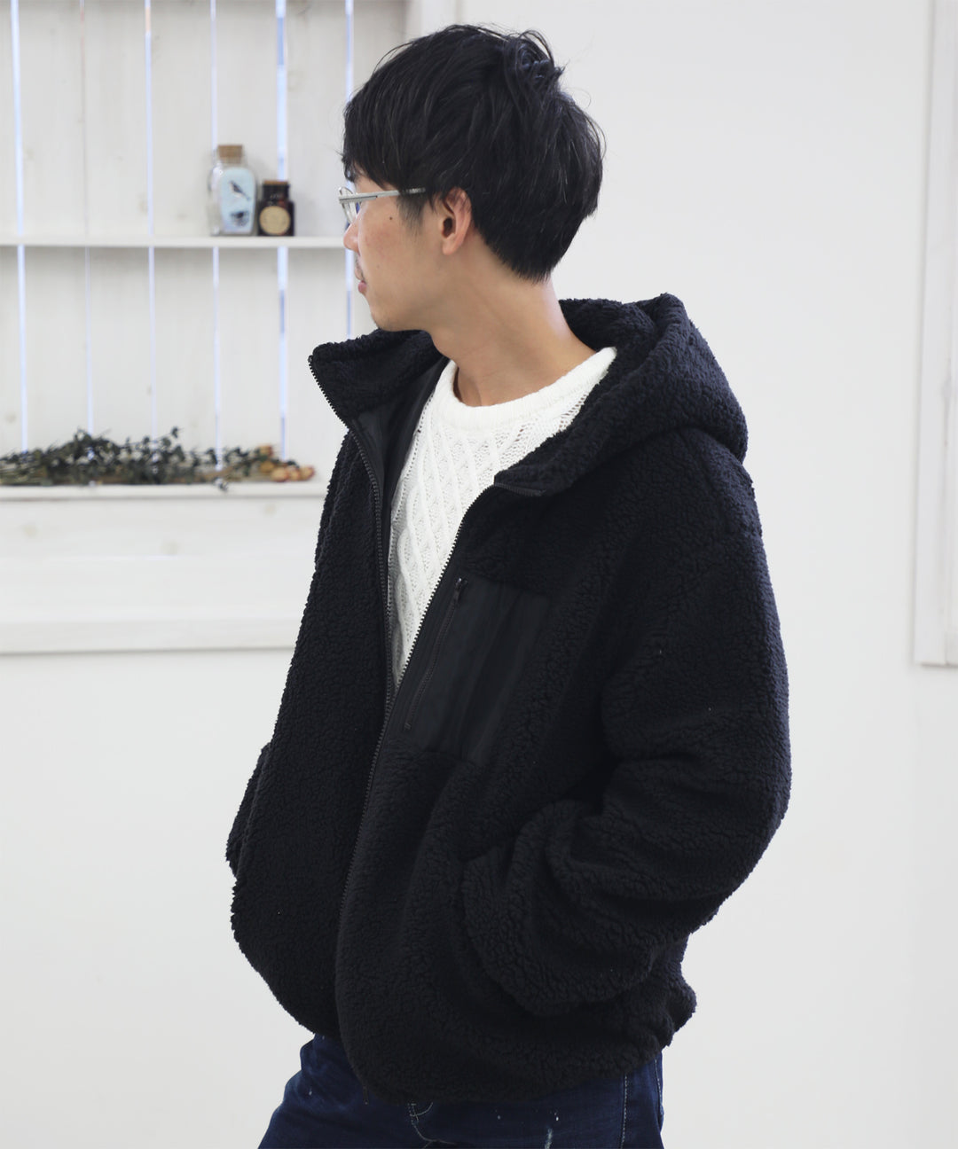 ジップアップ ワイドスリーブミドル丈無地フード付きブルゾン 185529