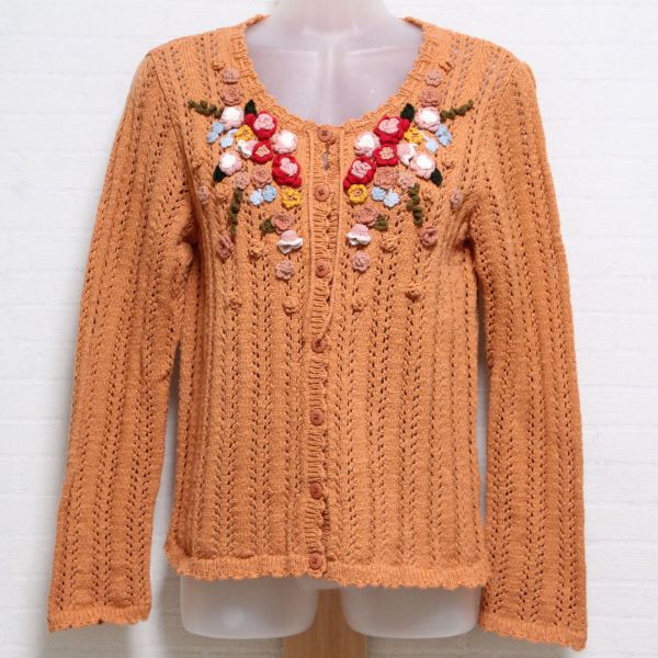 オレンジ系花モチーフ透かし編み綿ニットカーディガン - ピンクハウス
