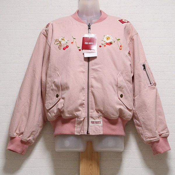 ピンク系雛菊とさくらんぼ刺繍入りリバーシブルブルゾン - ピンク