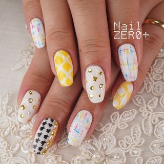 千鳥柄/ホワイト/イエローのネイルデザイン｜ネイルブック
