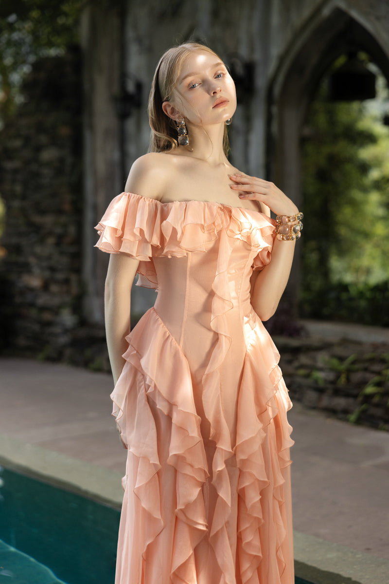 ELISABETH PEACH FUZZ SILK RUFFLES DRESS | CULT MIA | 21Six