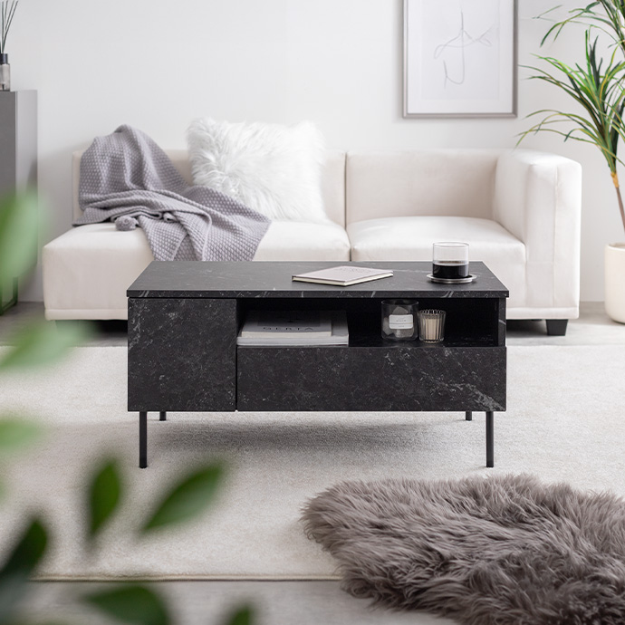 g159063]【幅80cm】大理石柄引き出し付きセンターテーブル 木製